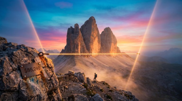 Rock peaks shaped like a head-and-shoulders with a glowing neckline and $85,240 marker, illustrating crypto technical analysis