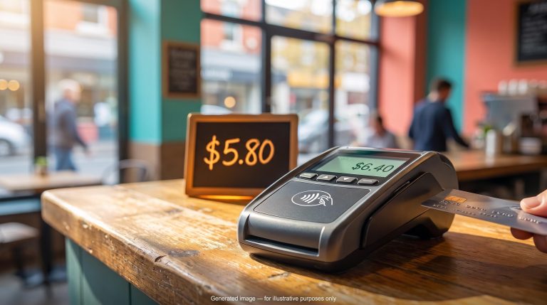 Payment terminal showing $6.40 beside a $5.80 price tag, illustrating Cuscal analysis of Morningstar's fair value