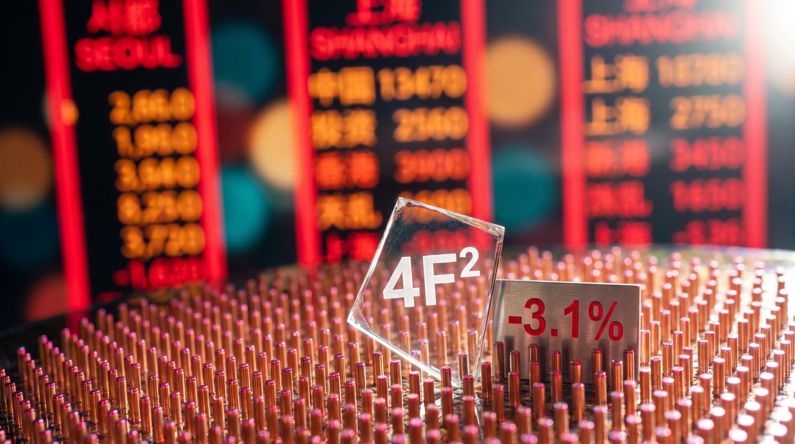 CXMT 4F2 DRAM vertical memory cells in macro with red selloff figure as Samsung and SK Hynix shares fall