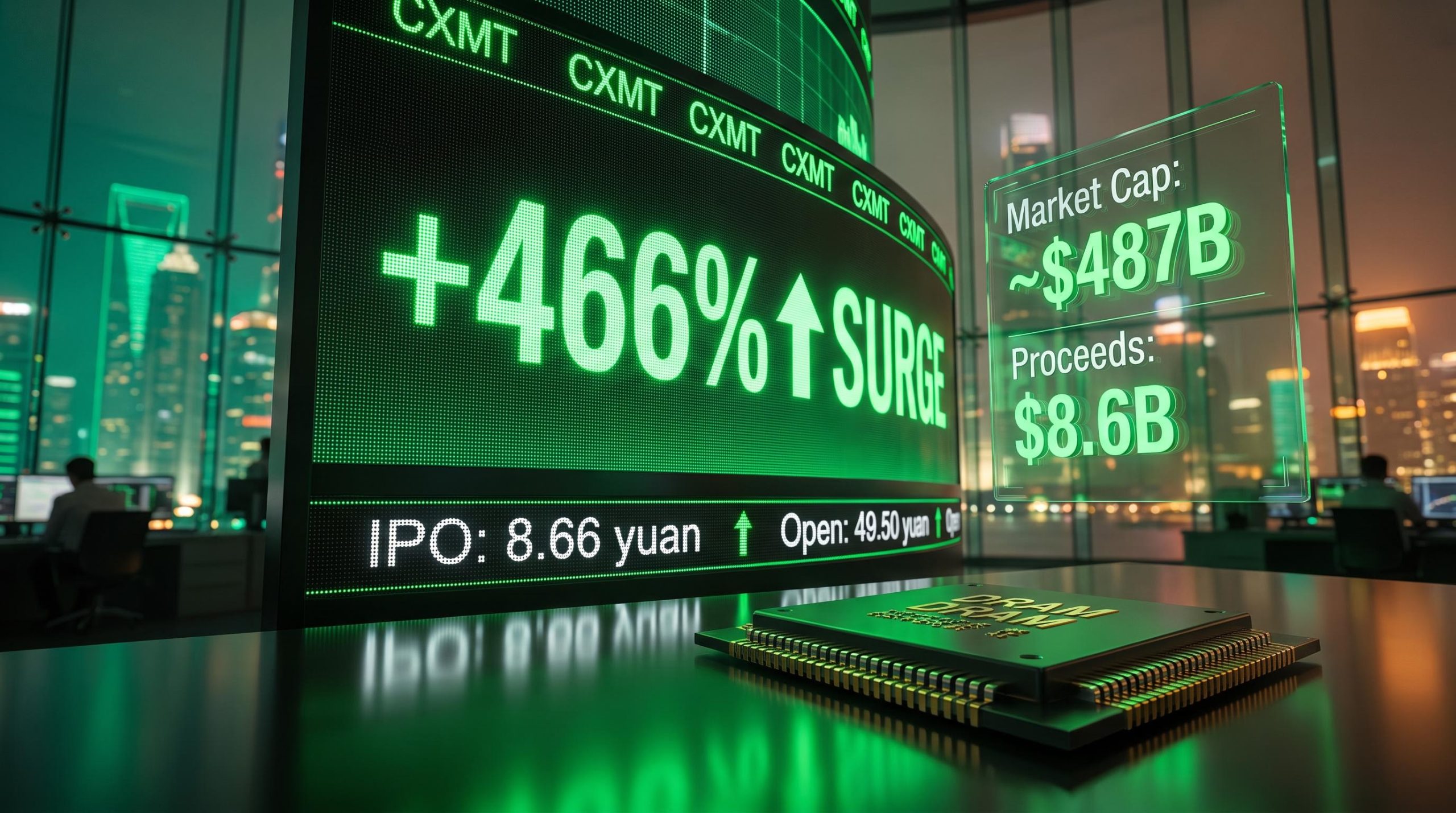 CXMT IPO debut board showing 466% surge and $487B market cap with DRAM chip in foreground