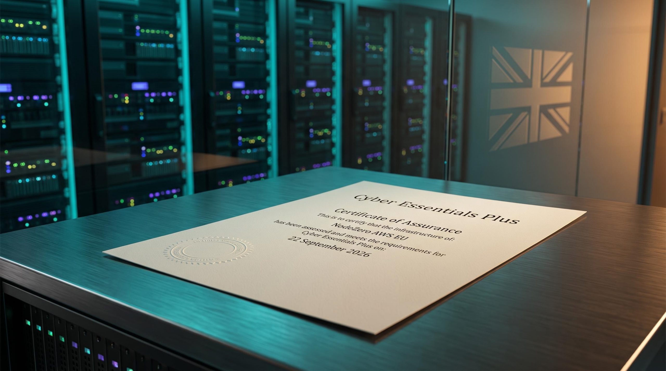 Cyber Essentials Plus certificate for NodeZero AWS EU dated 22 September 2026 against server rack backdrop