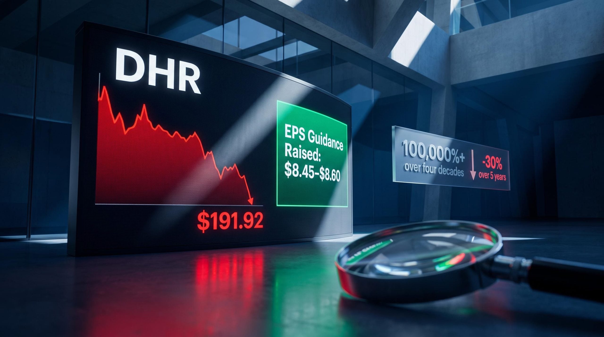 Danaher stock analysis screen showing DHR price drop to $191 against raised EPS guidance of $8.45–$8.60