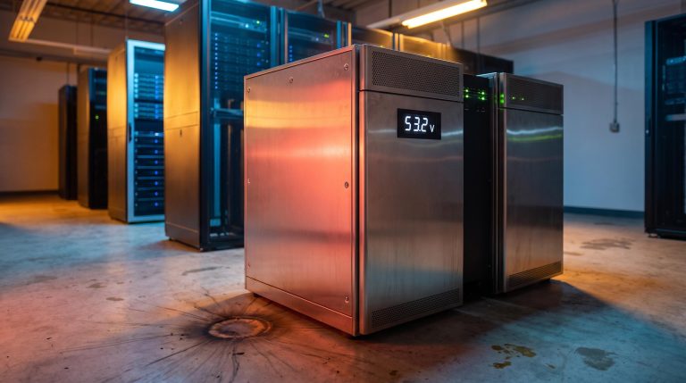 UPS battery cabinet in data centre room showing contained thermal runaway, zero side clearance, green adjacent unit lights