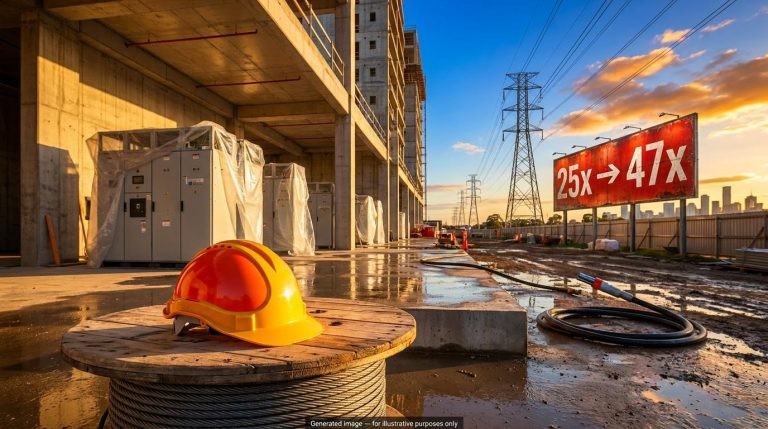 Data centre contractors site with hard hat and sign showing P/E rising from 25x to 47x amid valuation reset