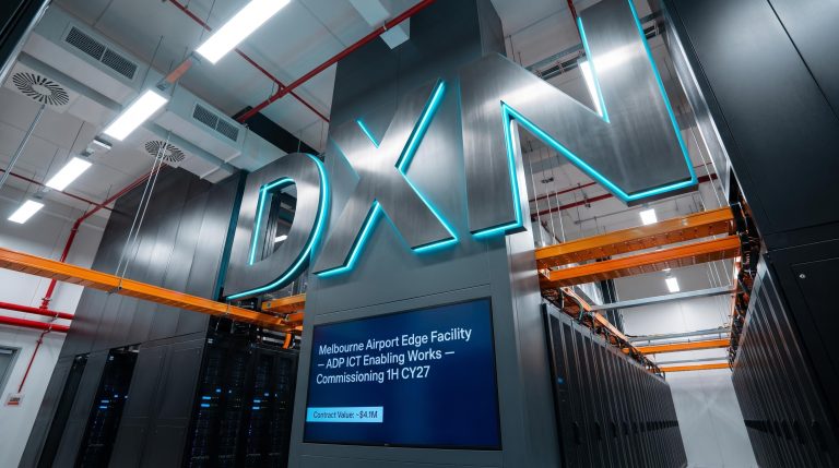 Server room with neon sign