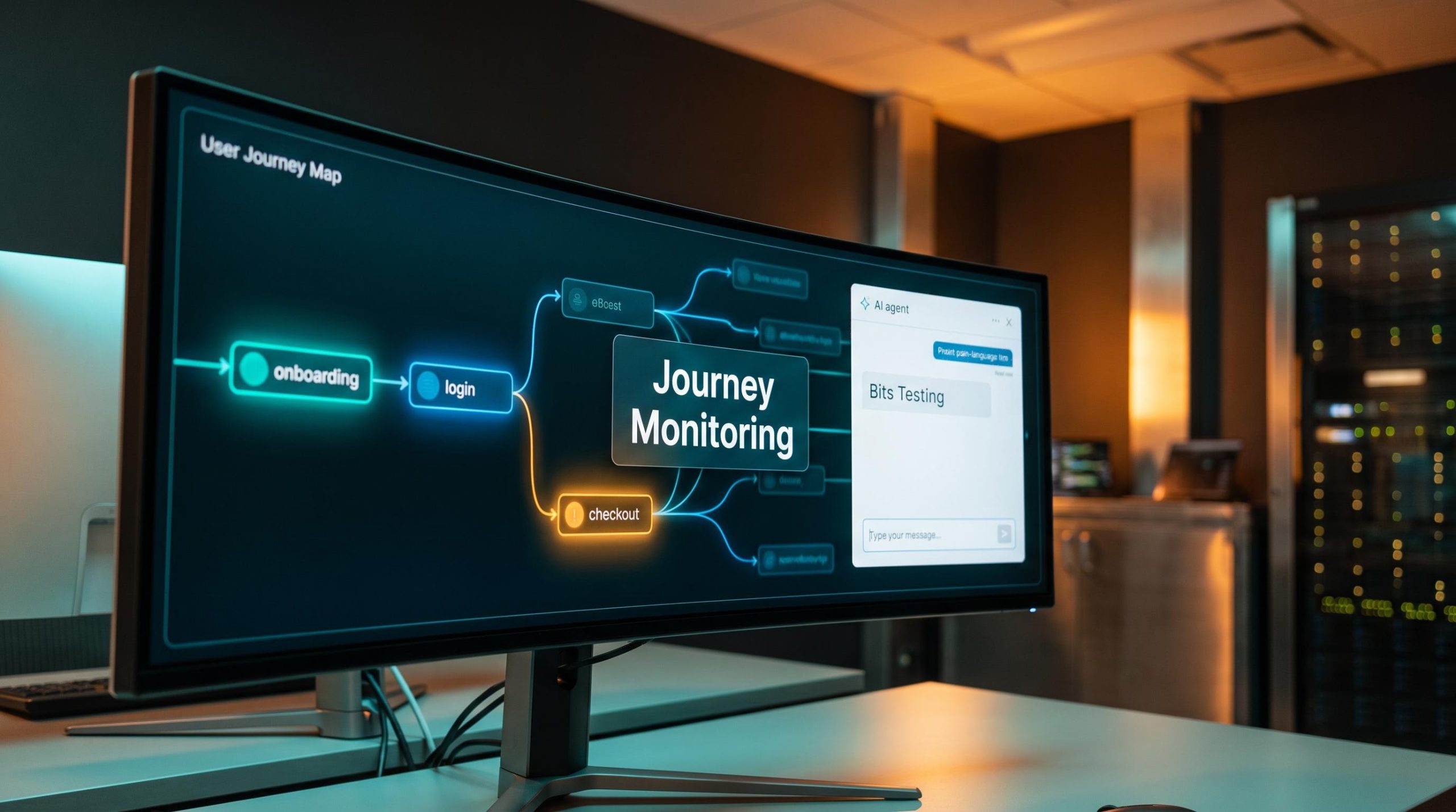 Datadog Journey Monitoring and Bits Testing dashboards displayed on a curved monitor at DASH 2026