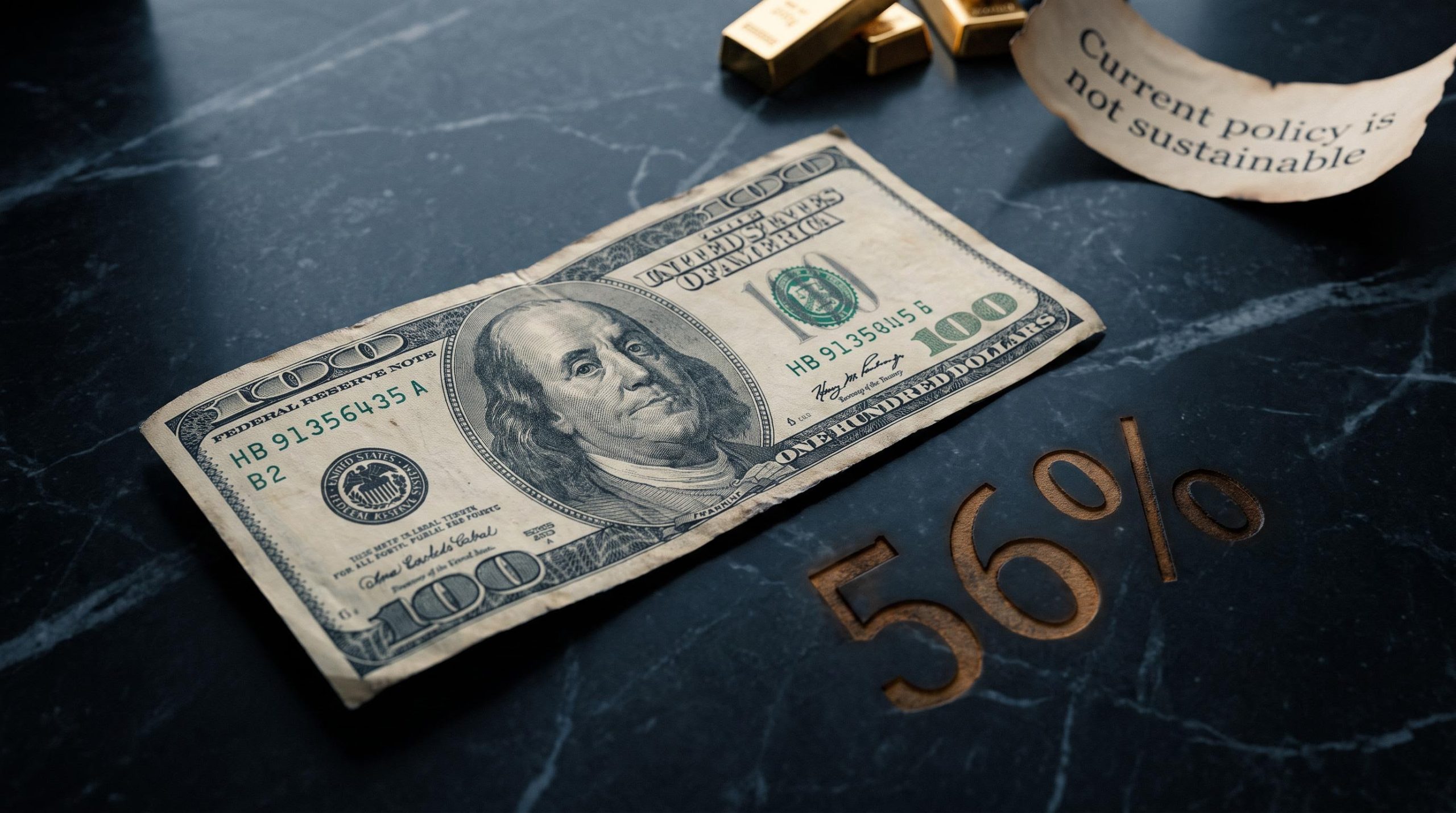 US dollar bill at a tilt on obsidian surface with "56%" reserve share etched nearby — de-dollarisation analysis