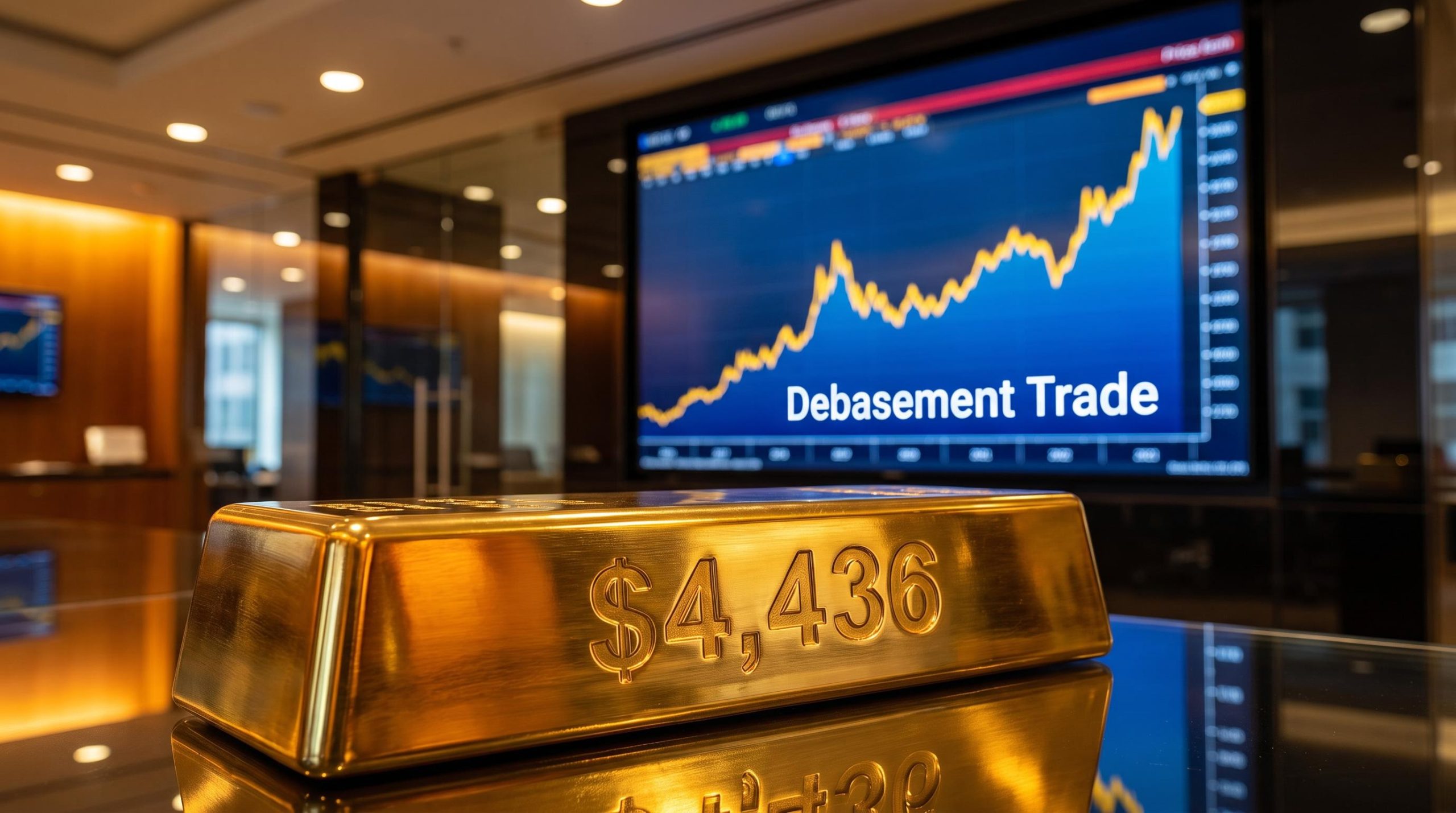 Polished gold bar engraved with $4,436 in front of a cobalt screen charting the debasement trade breakout
