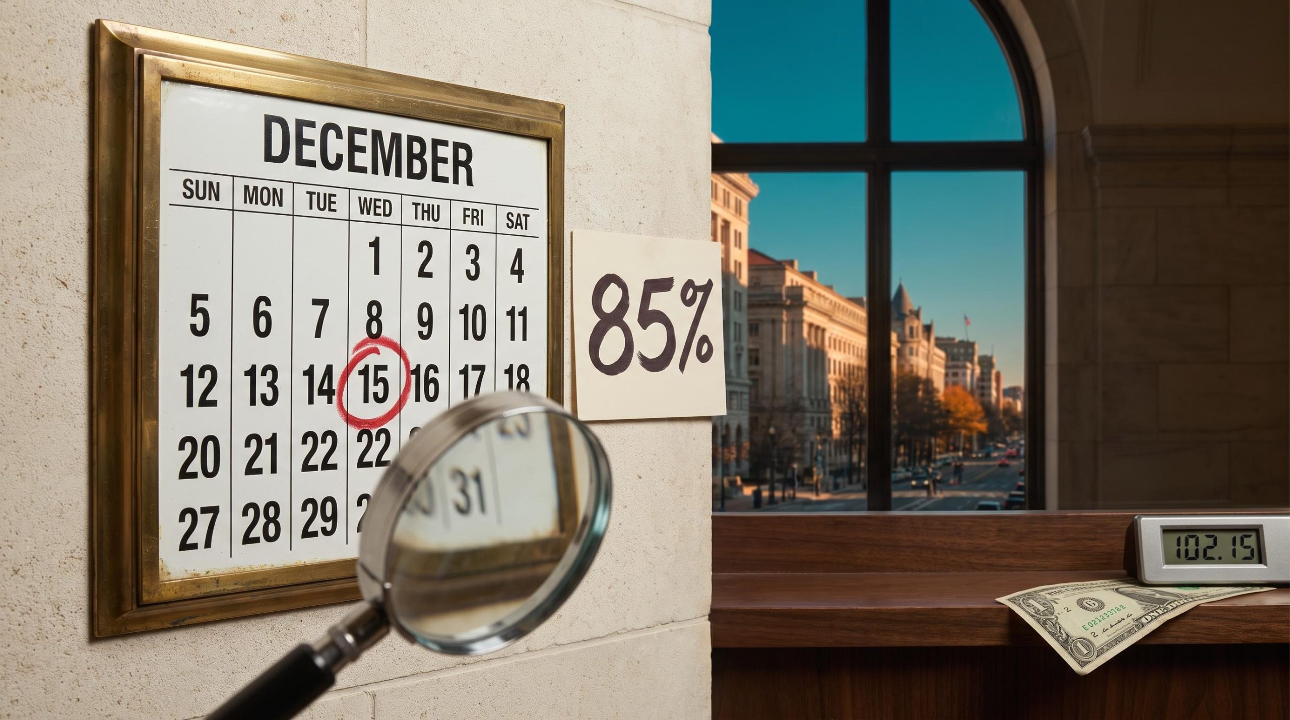 Circled December calendar date beside an "85%" card and magnifying glass, reflecting the December Fed hike priced into the dollar