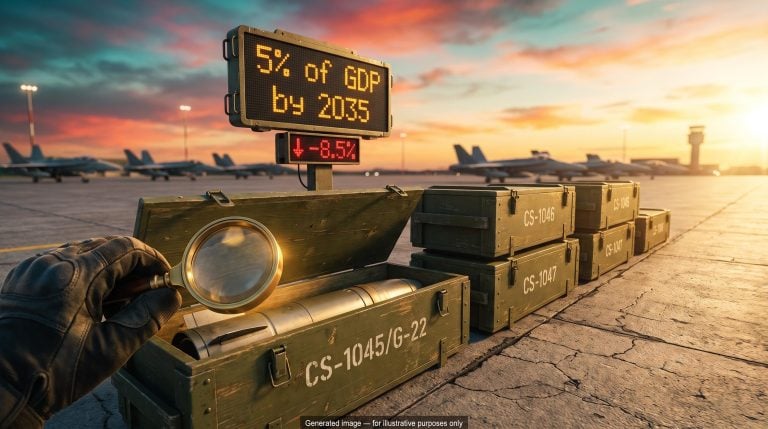 Defense ETF 2026 scrutiny: magnifying lens over a missile crate beside a board showing 5% of GDP by 2035 and a red -8.5%