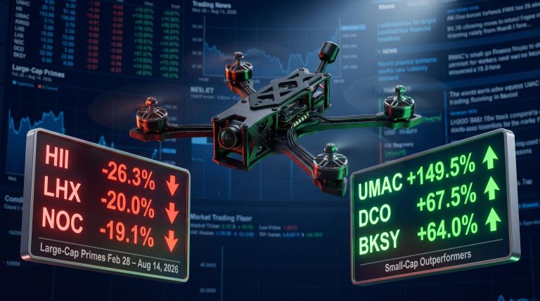 FPV drone flanked by red prime-stock losses and green small-cap gains showing defense stocks performance split 2026