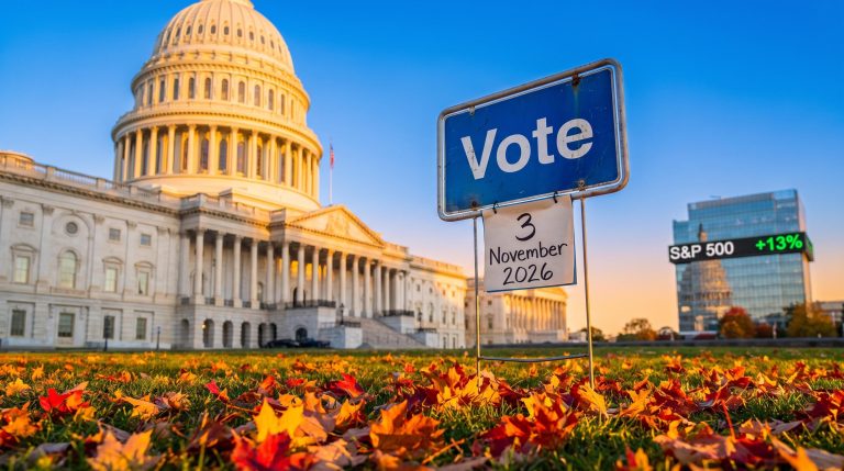 Polling sign before the US Capitol with S&P 500 ticker, illustrating the democratic win 2026 midterms market outlook