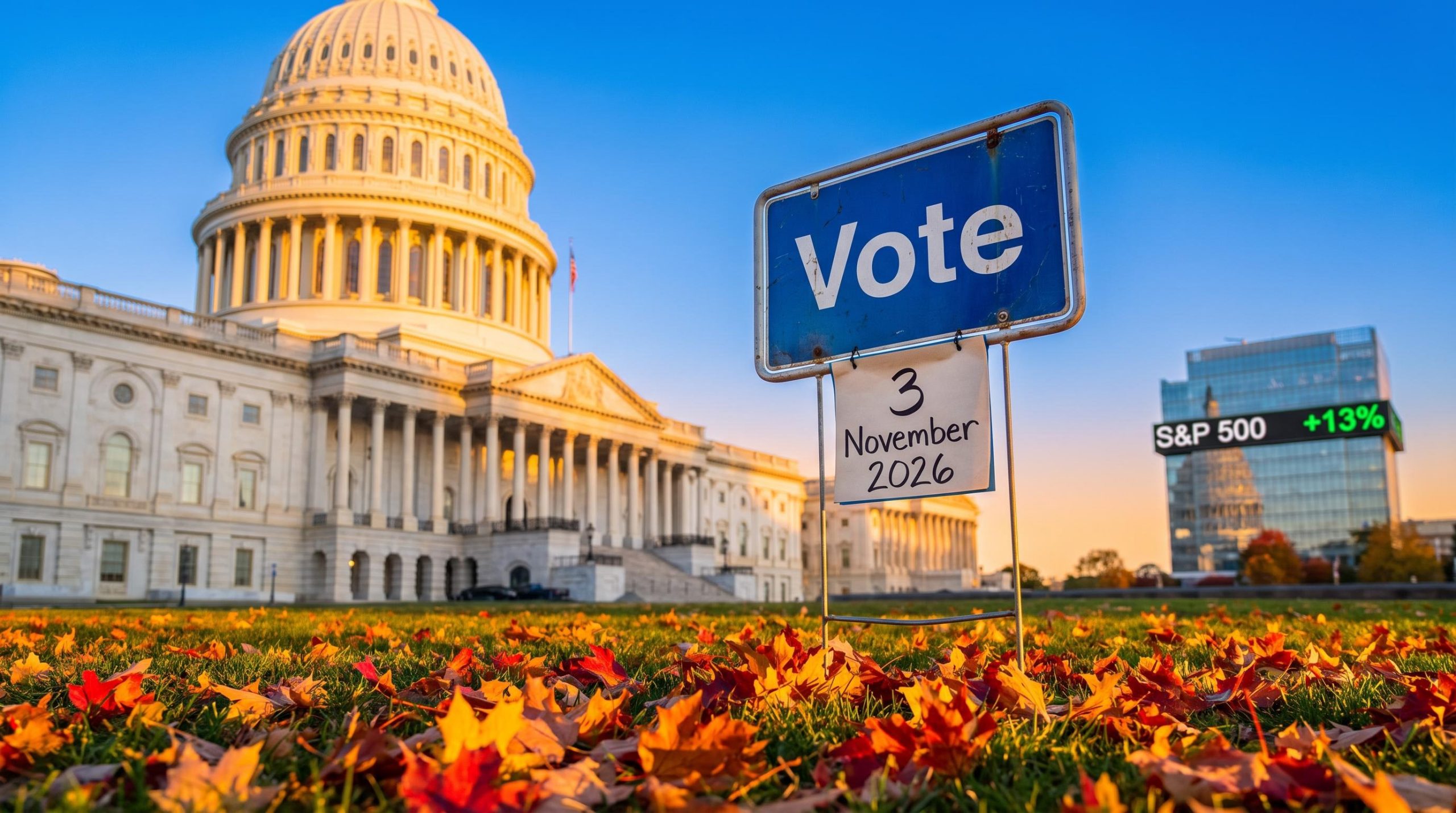 Polling sign before the US Capitol with S&P 500 ticker, illustrating the democratic win 2026 midterms market outlook