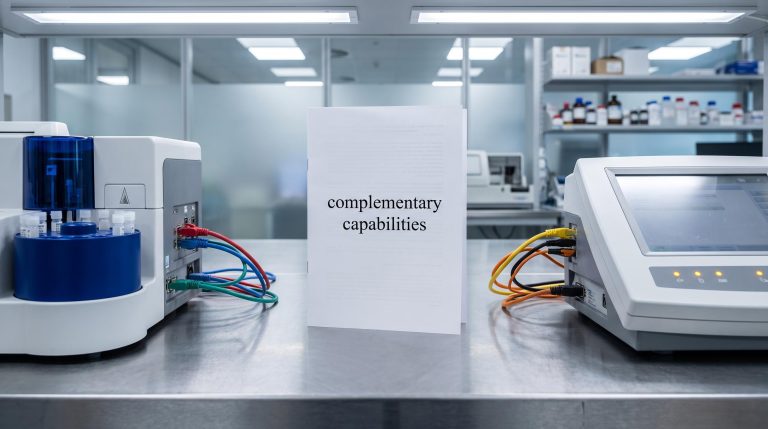 Two mismatched diagnostics analysers flank a press-release marked 'complementary capabilities' on a lab bench