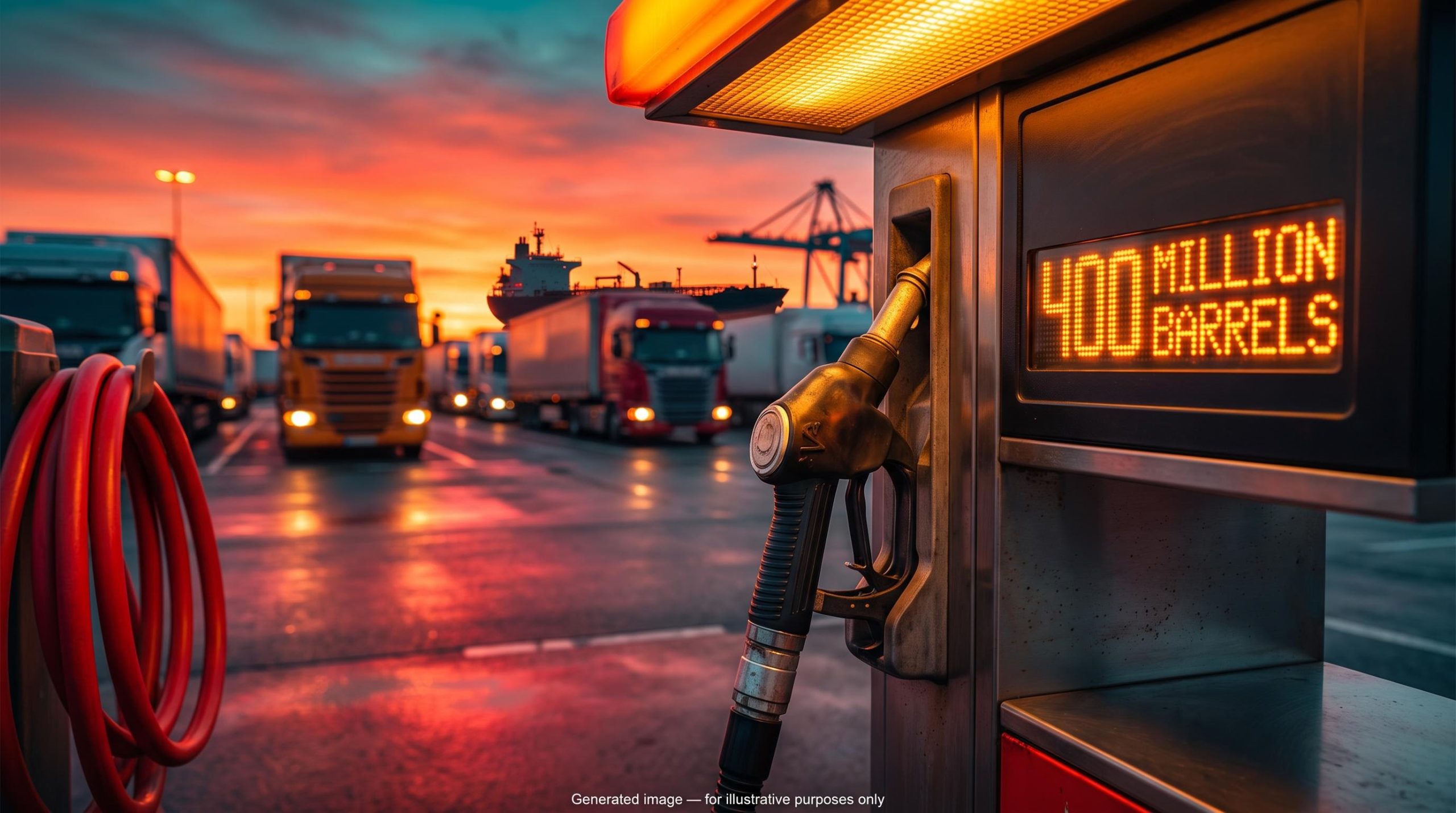 Diesel pump nozzle at a European truck stop at sunset, illustrating diesel market analysis of the IEA 400 million barrel release