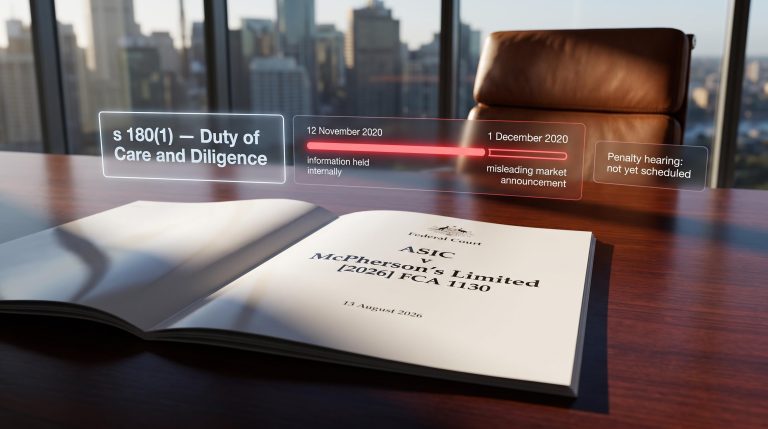 Federal Court judgment document ASIC v McPherson's with s180(1) duty of care timeline and empty boardroom chair