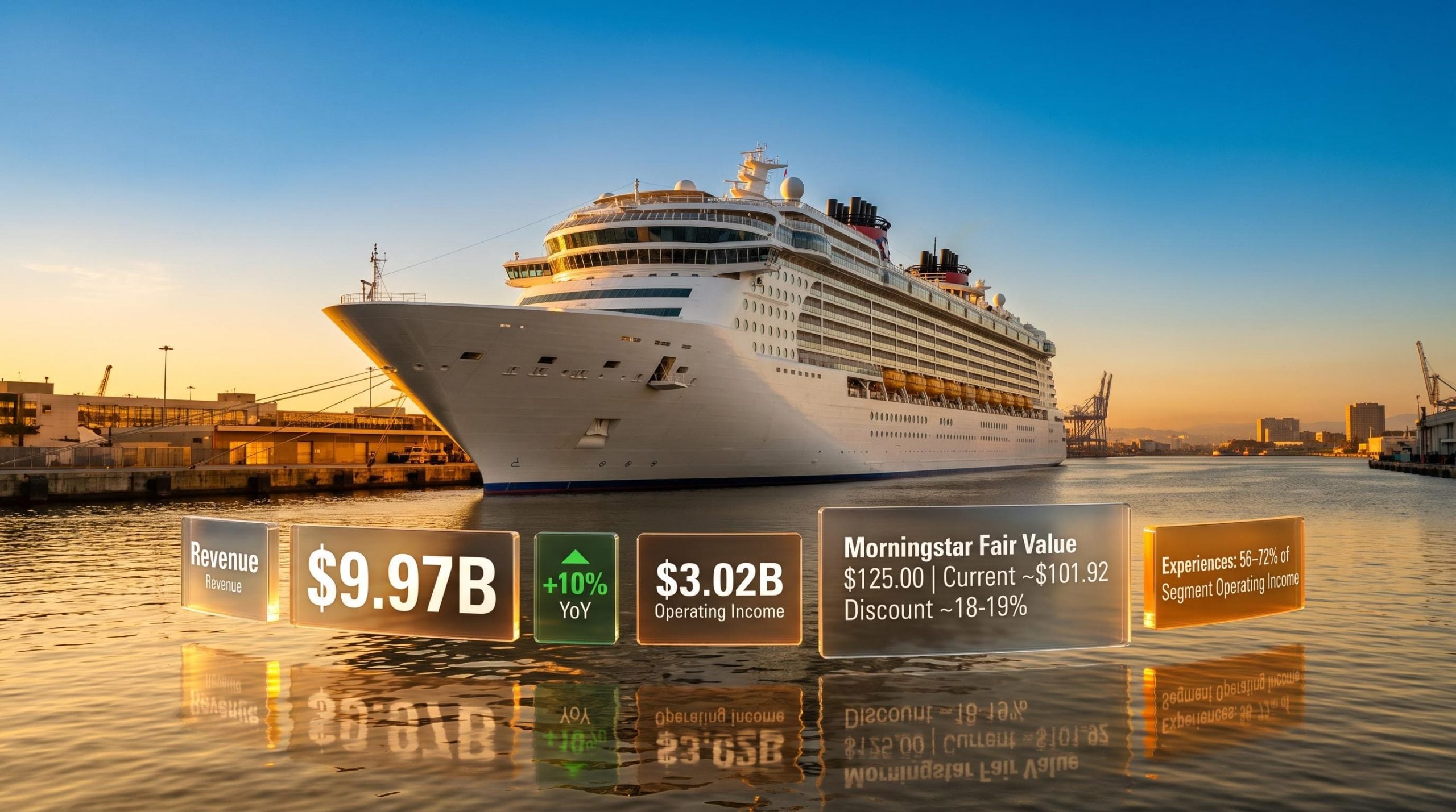 Disney cruise ship with Experiences segment data overlays showing $9.97B revenue and Morningstar $125 fair value discount
