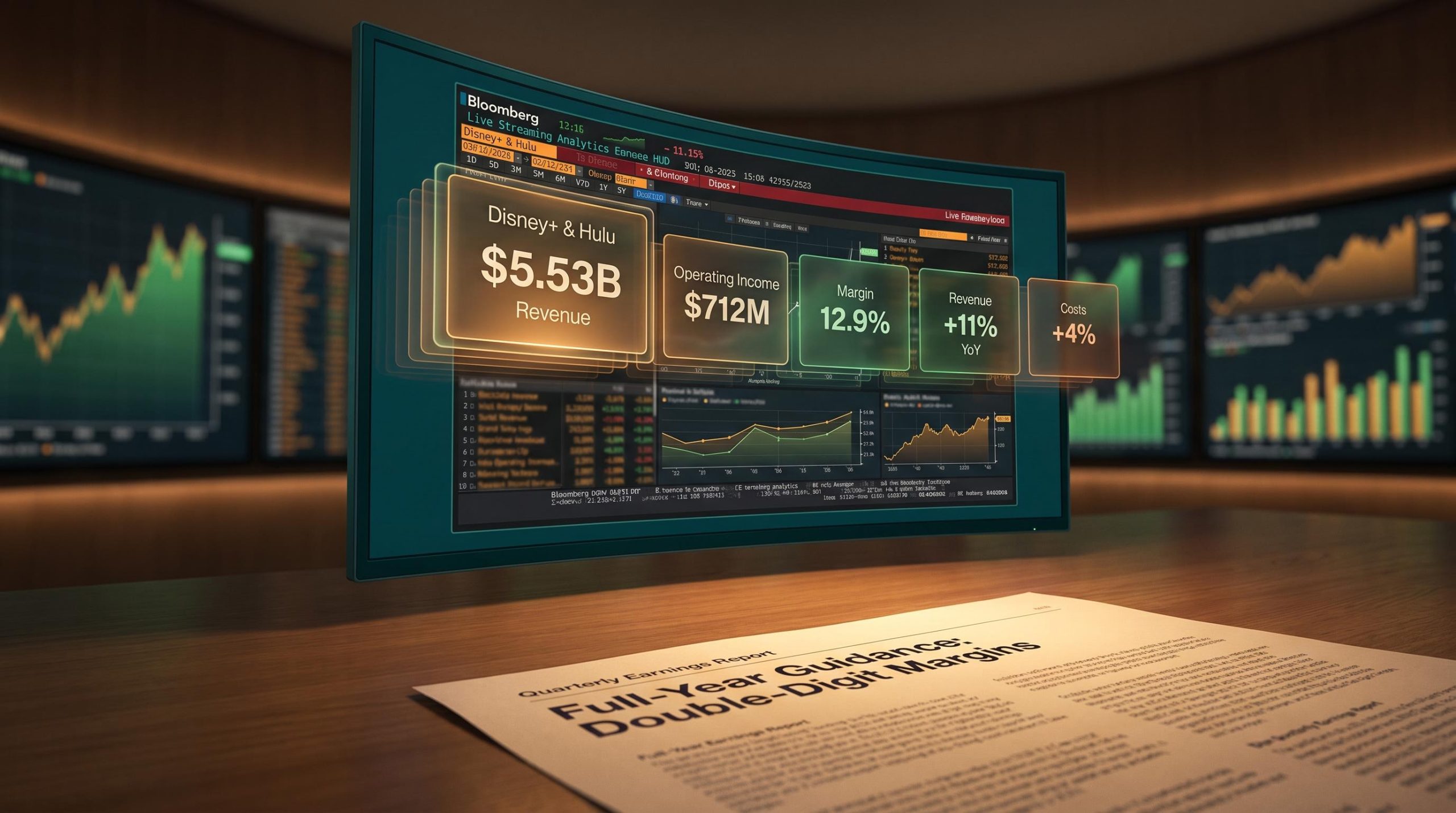 Disney streaming profit dashboard showing $712M operating income and 12.9% margin with Q3 FY2026 data overlays
