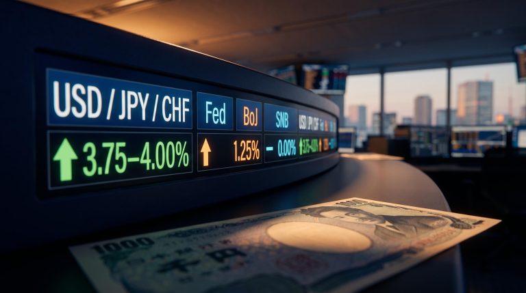FX trading terminal showing Fed 3.75–4.00%, BoJ 1.25%, SNB 0% rates amid diverging central bank policy