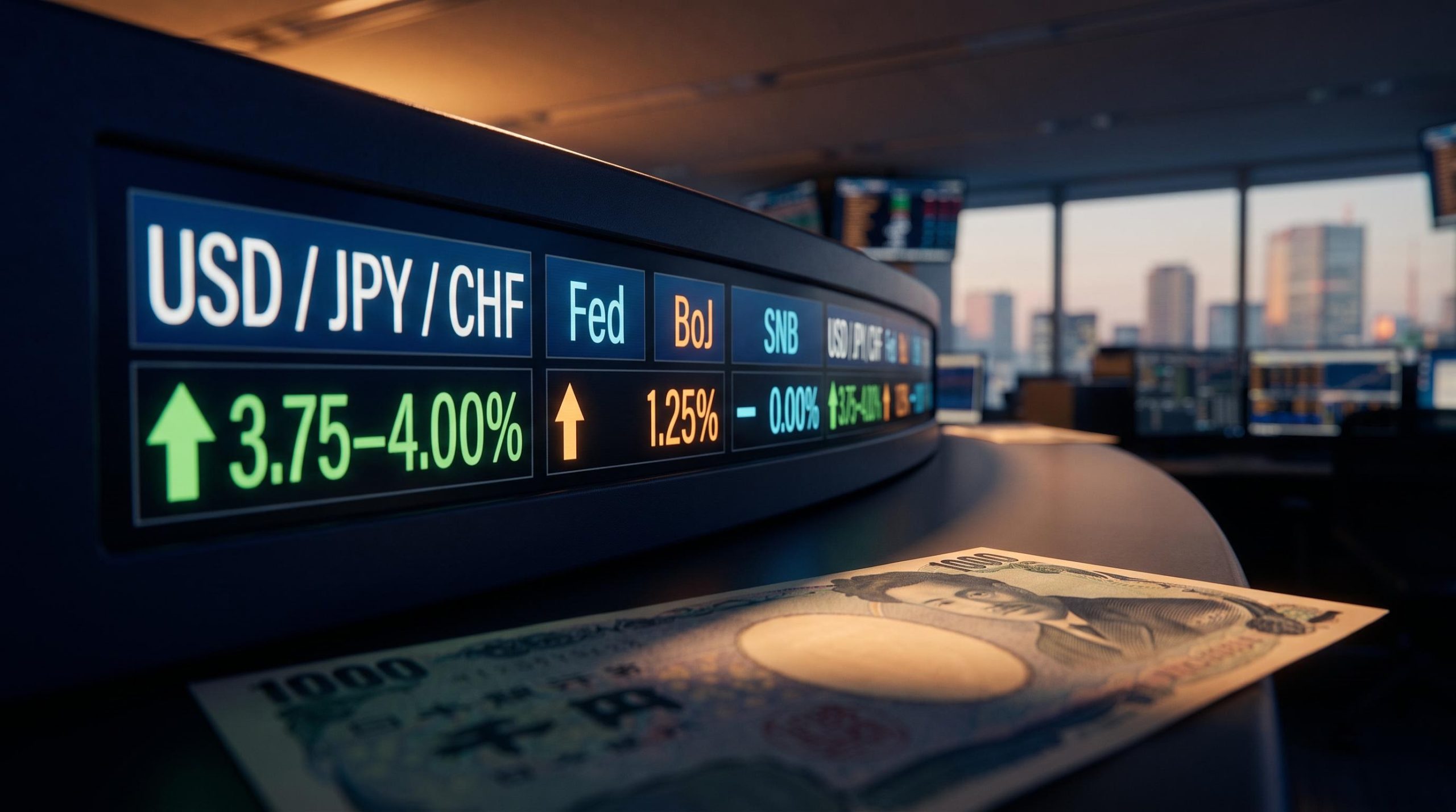 FX trading terminal showing Fed 3.75–4.00%, BoJ 1.25%, SNB 0% rates amid diverging central bank policy
