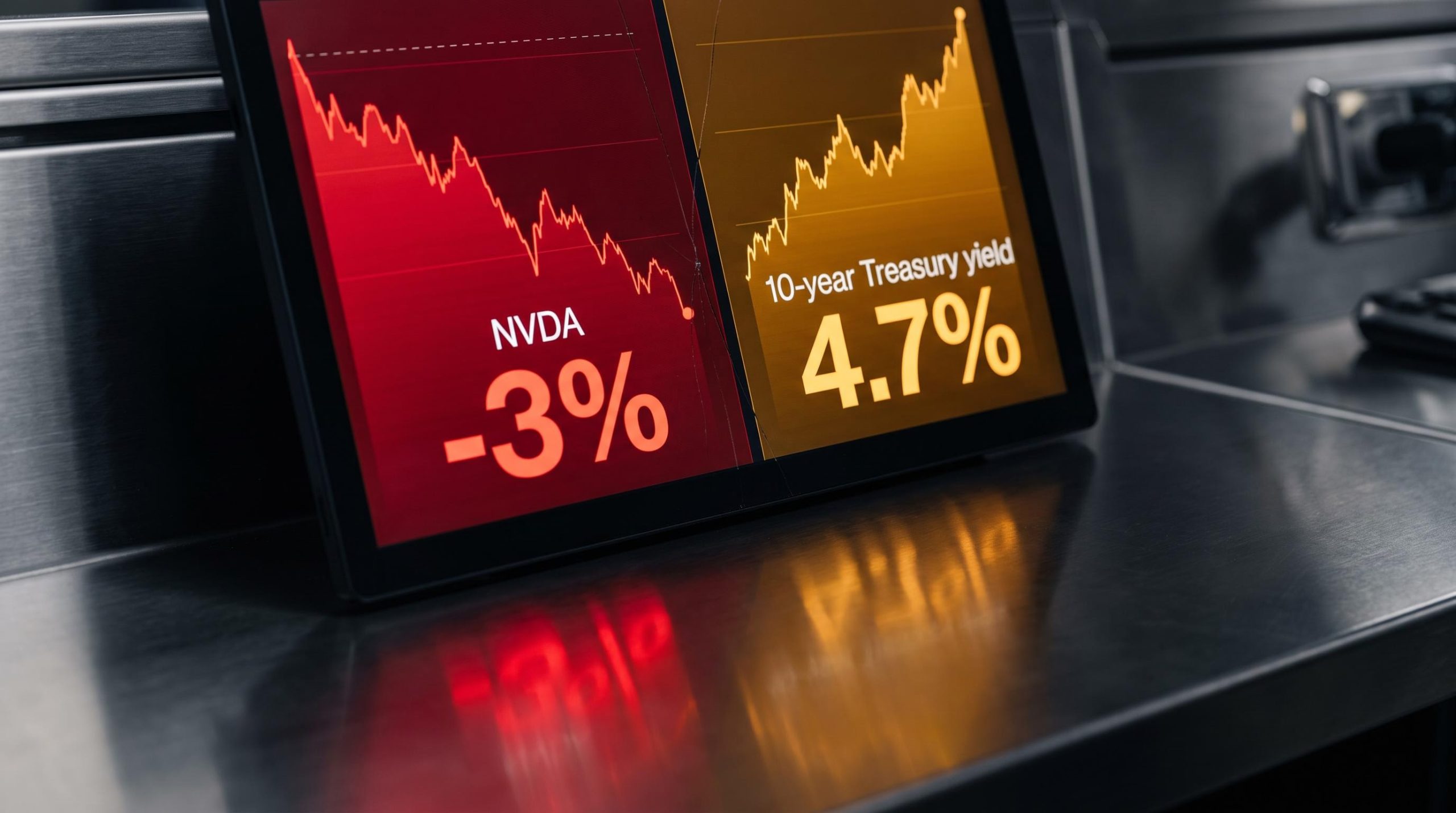 Split trading screen showing NVDA decline and 4.7% Treasury yield as diverging market signals collide