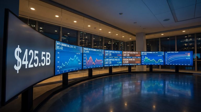 Bank of futures screens showing crude oil, Nikkei, Bitcoin and bond contracts running as one systematic rules-based diversified portfolio