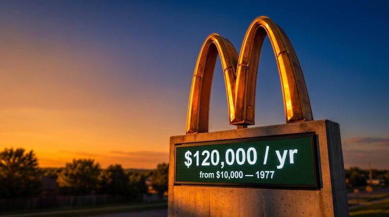 McDonald's golden arches at golden hour with $120,000/yr dividend income display — dividend growth rate compounding visualised