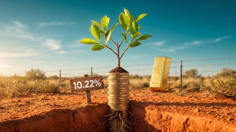Sapling growing from a stack of coins beside a "10.22%" signpost, illustrating dividend growth stocks on the ASX