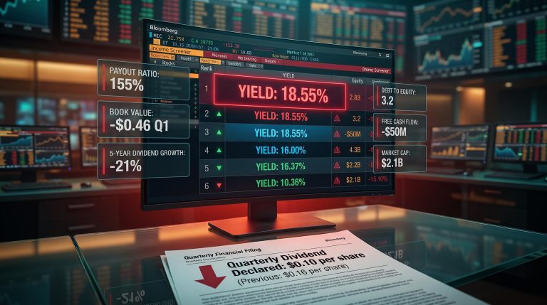 Income screener showing 18.55% dividend yield flagged in red alongside 155% payout ratio — dividend yield trap warning signals