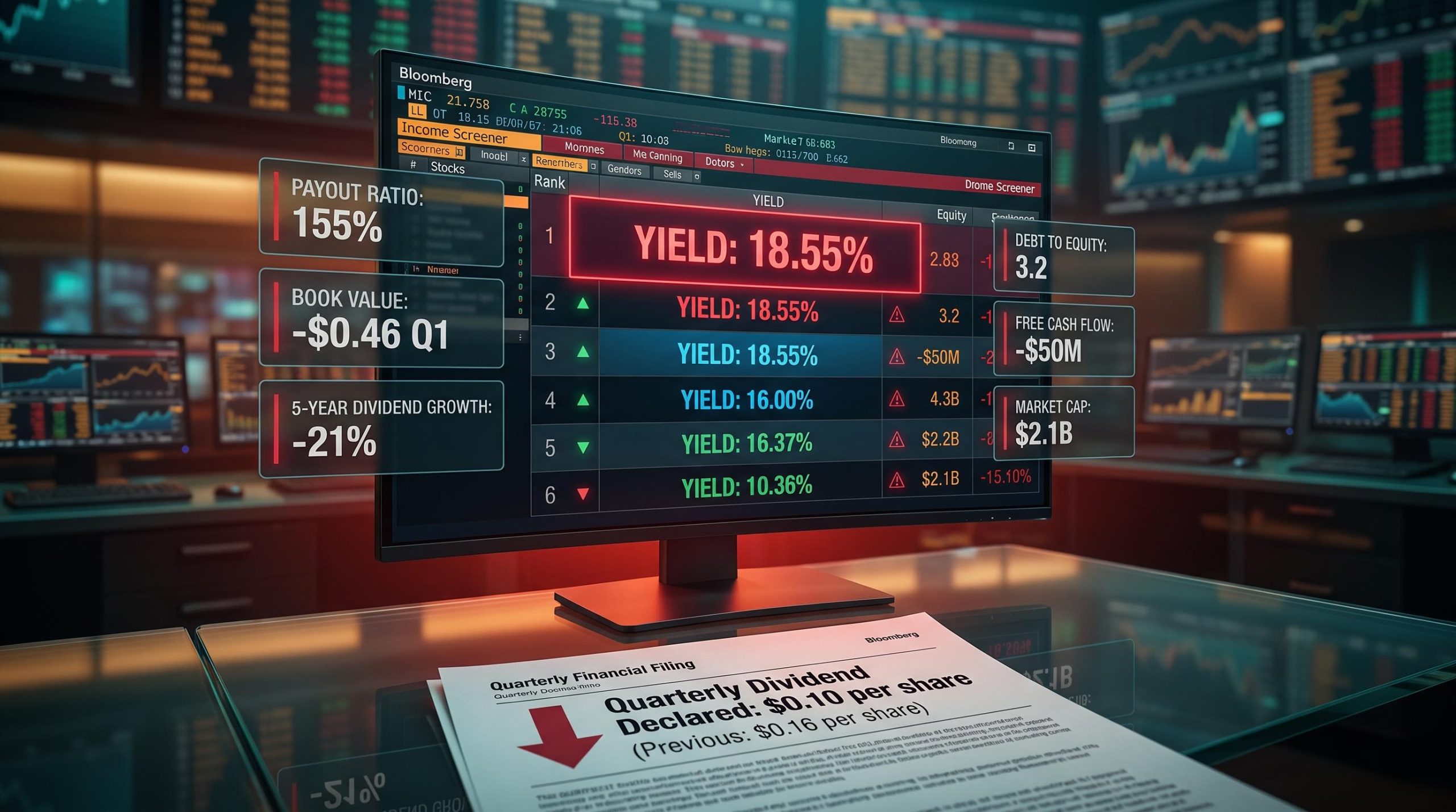 Income screener showing 18.55% dividend yield flagged in red alongside 155% payout ratio — dividend yield trap warning signals