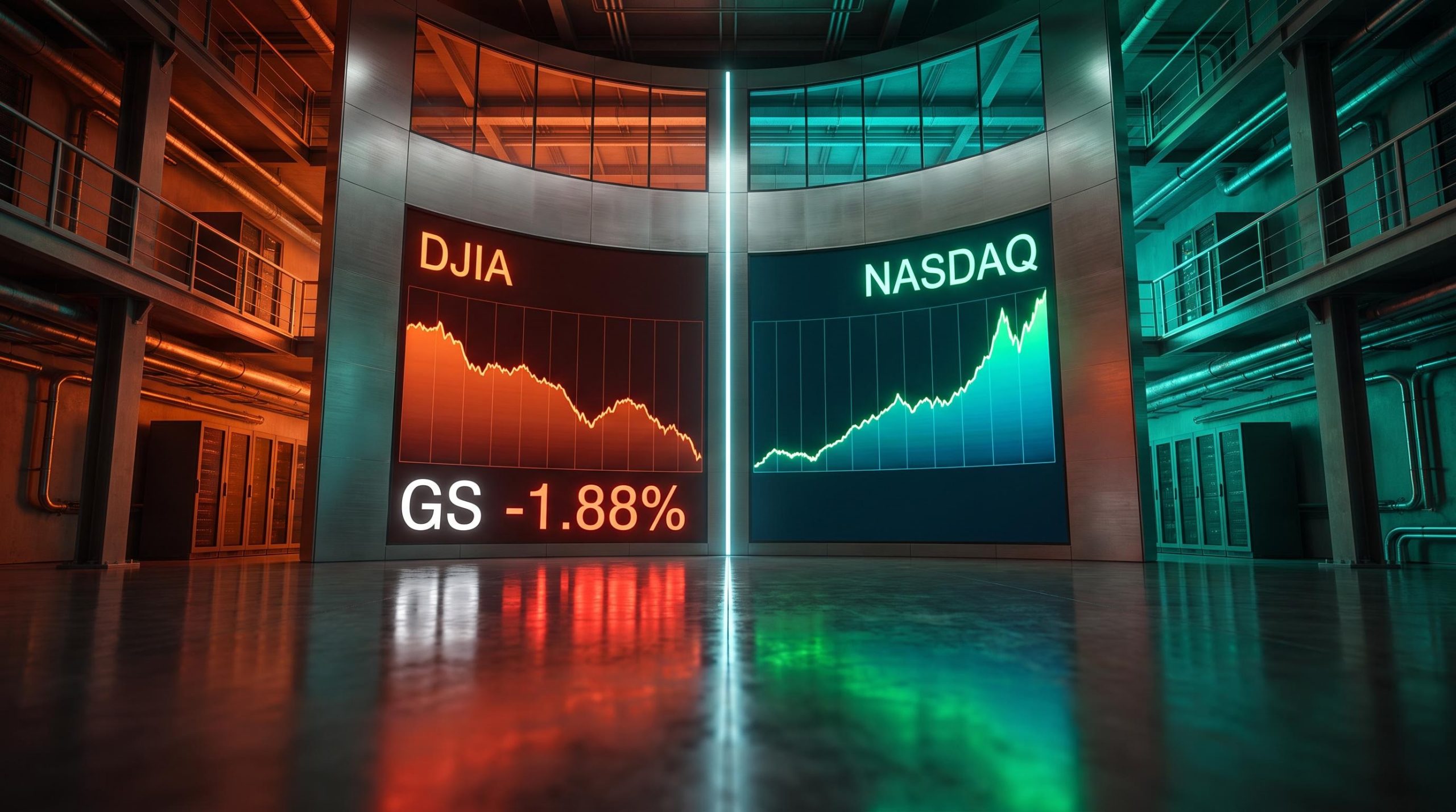 DJIA and NASDAQ divergence shown as split exchange screen wall with DJIA falling and NASDAQ at all-time highs