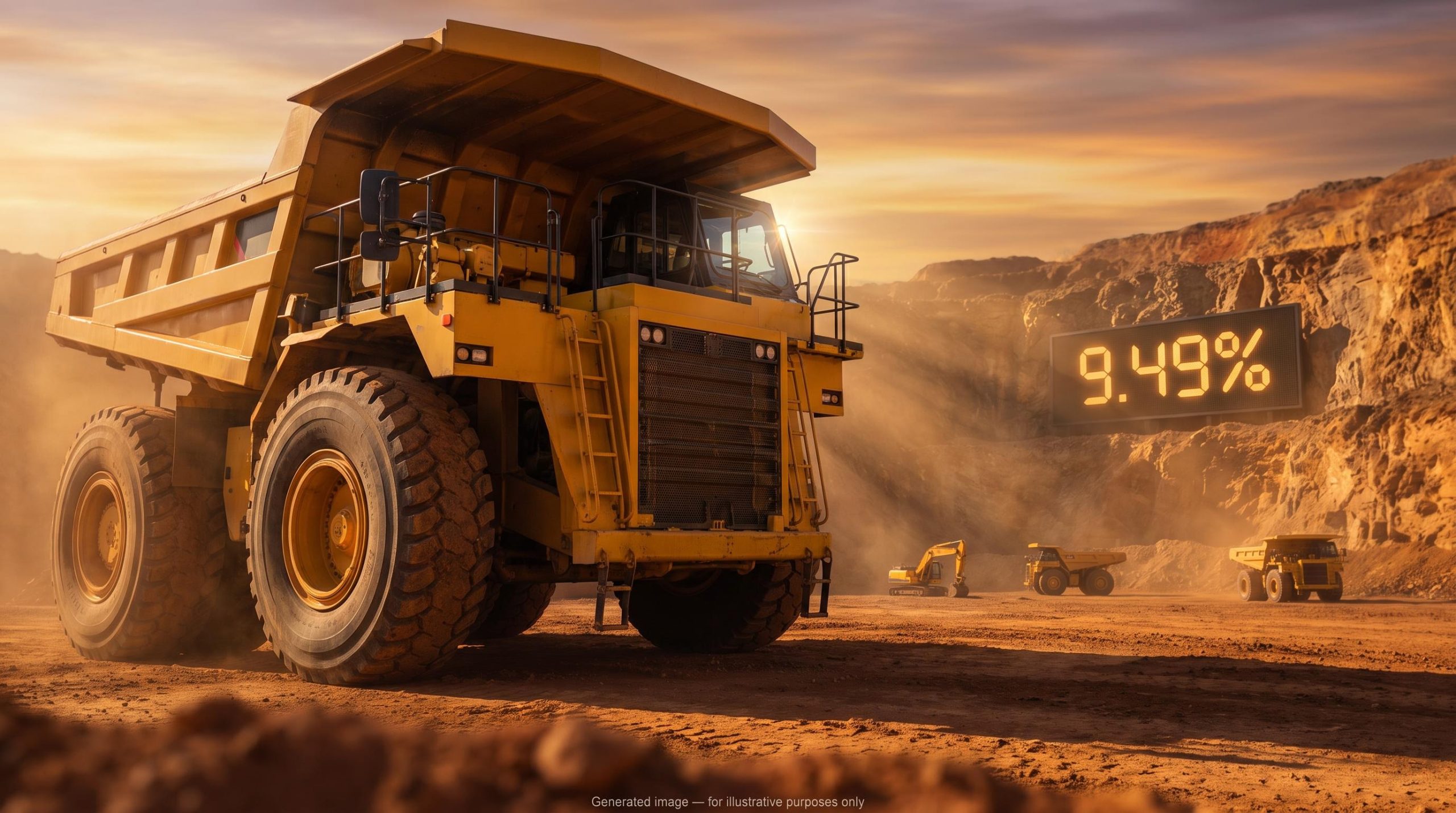 Giant Caterpillar haul truck dwarfs three smaller machines in open-pit mine, illustrating DJIA price-weighting dominance