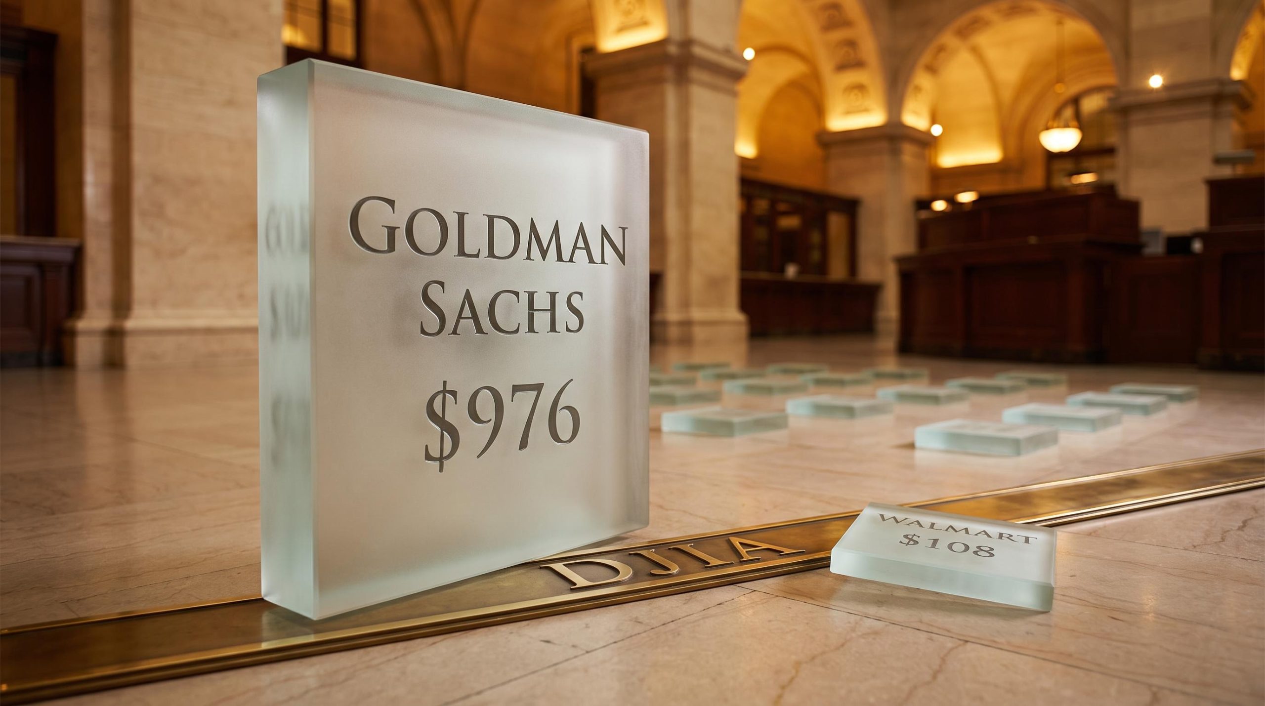 Goldman Sachs $976 slab towers over Walmart $108 tile on a DJIA bar, exposing price-weighting distortion