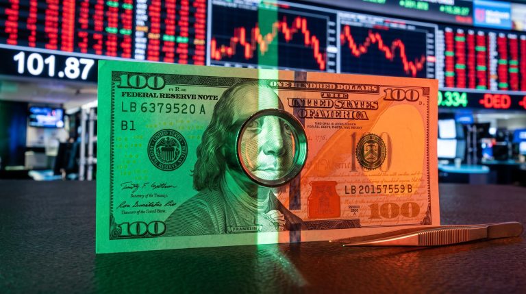 US dollar banknote split in green and red light before falling market screens showing DXY 101.87 amid the dollar AI stock sell-off