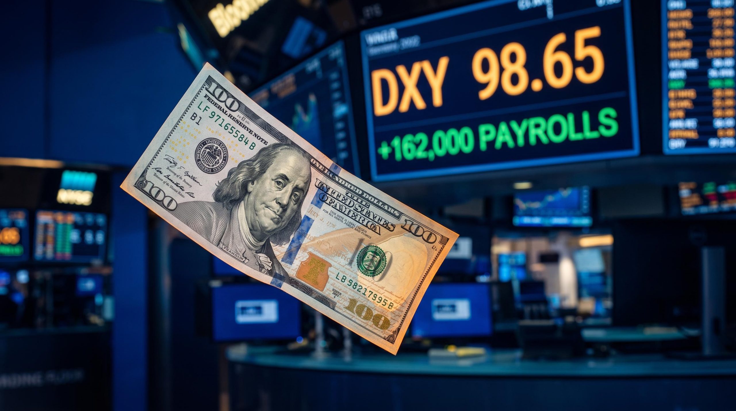 Dollar bill under pressure with DXY 98.65 on trading terminal despite +162,000 payrolls — dollar debasement debate