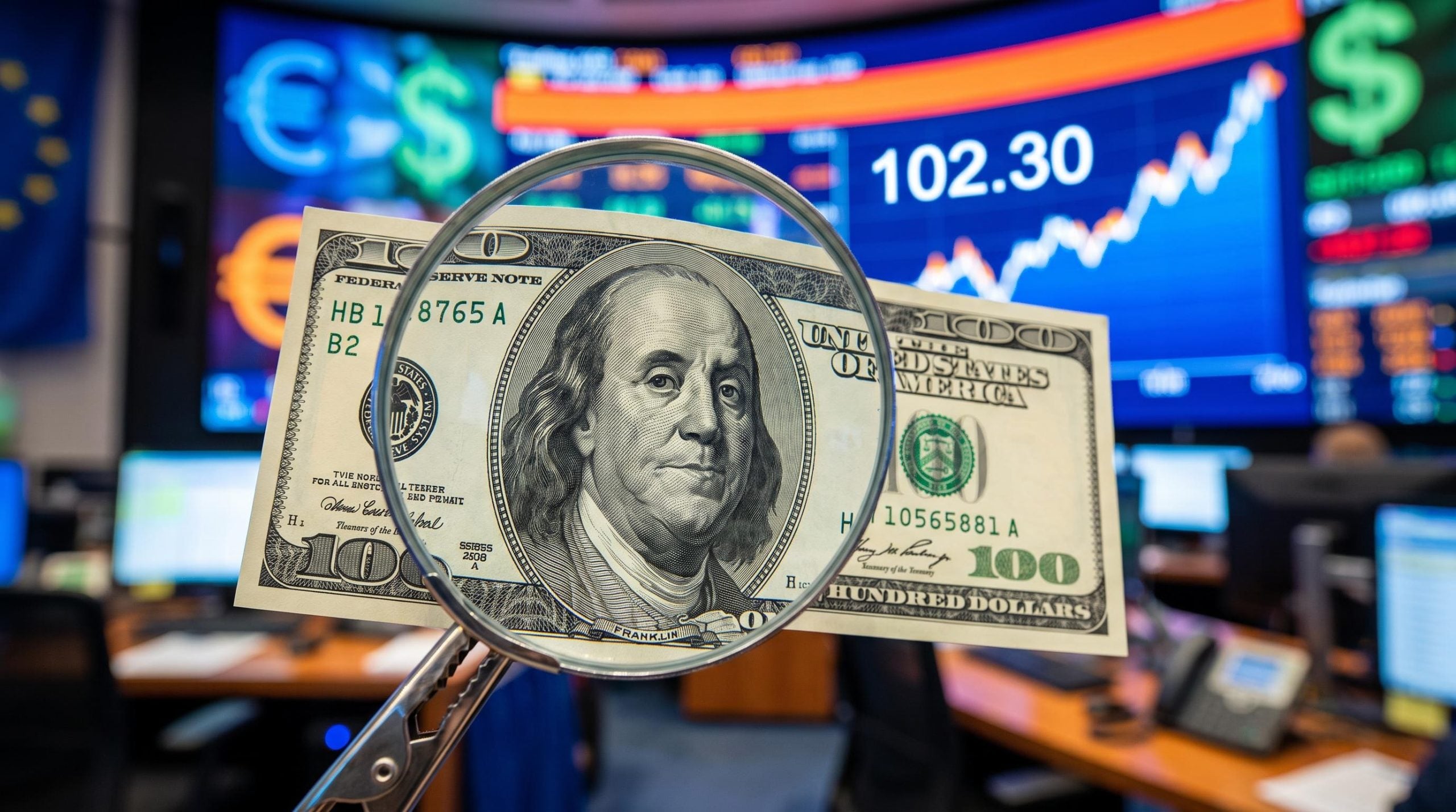 Magnifying glass over a US dollar banknote with DXY 102.30 on a trading screen, illustrating Dollar Index analysis