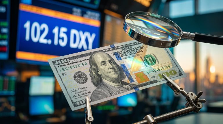 Magnifying lens over a US dollar note before the CPI release, with the dollar index DXY at 102.15 glowing on screens behind