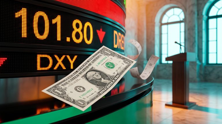 US dollar banknote slipping before a market board showing 101.80 in a Dollar Index forecast after Warsh's silence