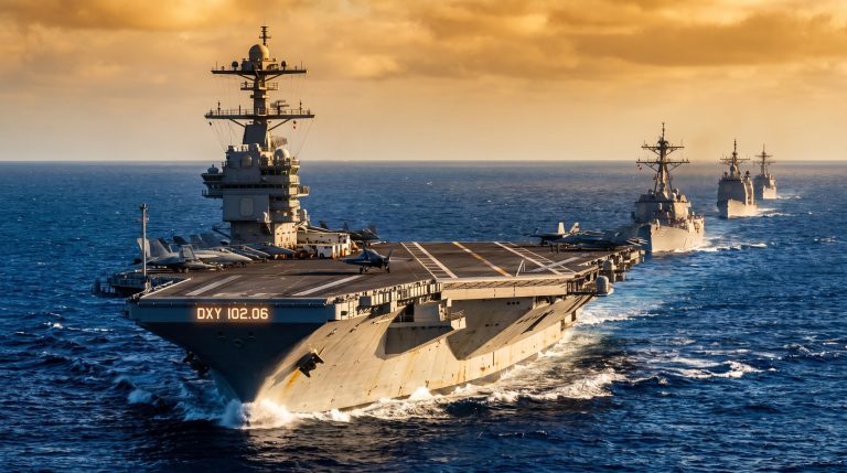 US carrier strike group at sea with DXY 102.06 overlay as Dollar Index hits multi-month high on geopolitical signal