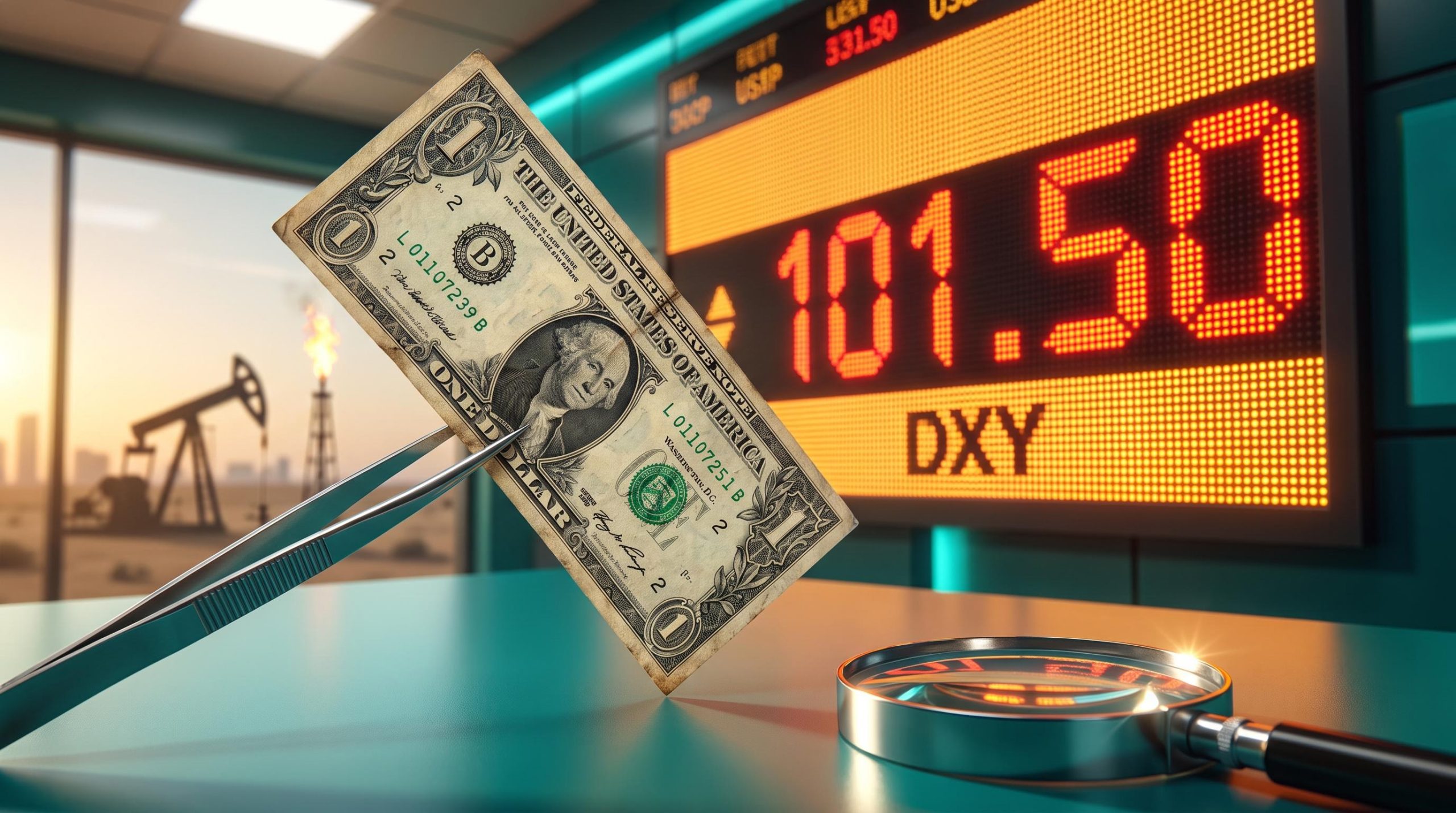 Dollar index today: US banknote held in tweezers before a trading board showing 101.50 as Iran deal reports are questioned