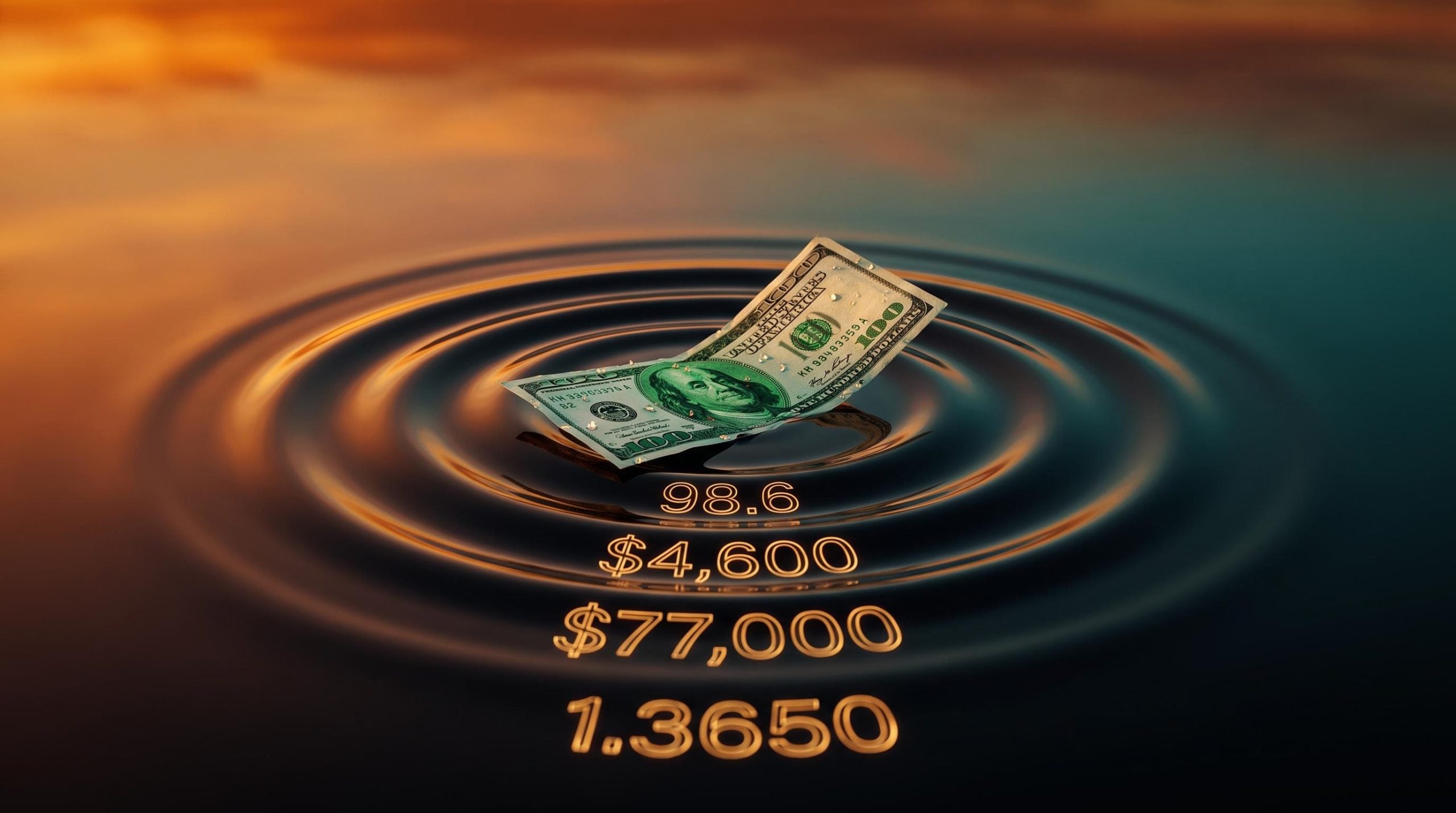 Dollar index at 98.6 with gold at $4,600 and Bitcoin at $77,000 as cross-asset dollar selloff ripples outward