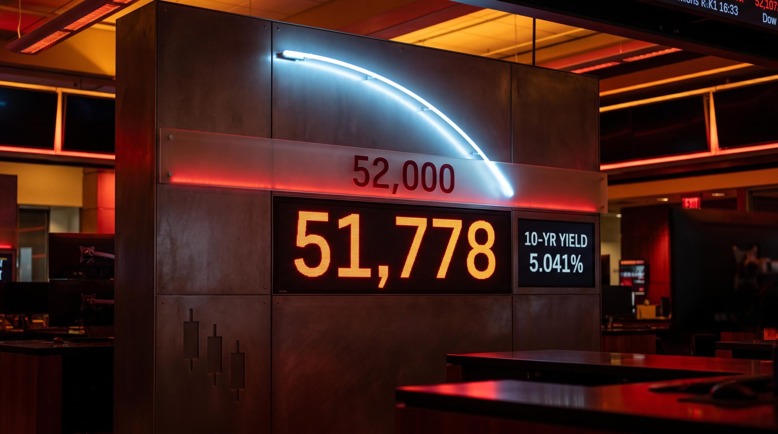 Dow Jones bearish outlook: price board showing 51,778 capped below 52,000 ceiling with 5.041% Treasury yield