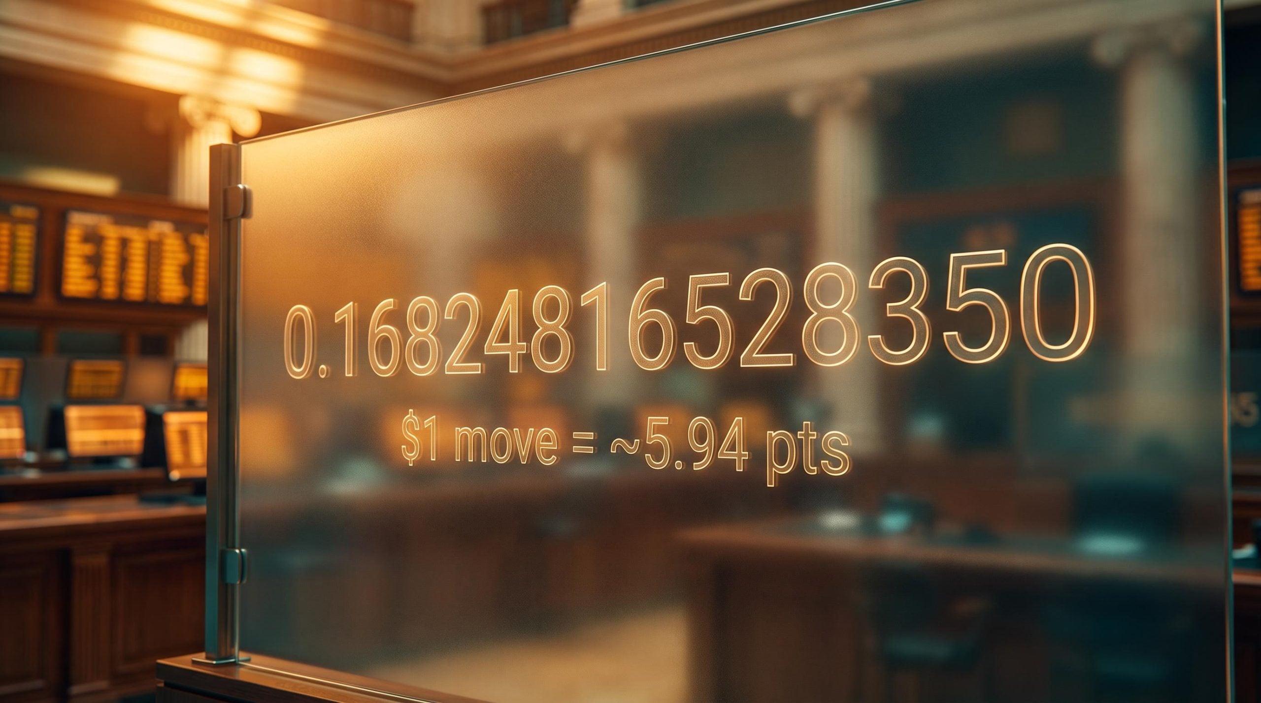 Dow Jones Industrial Average divisor "0.16824816528350" etched in glowing amber on a frosted trading board