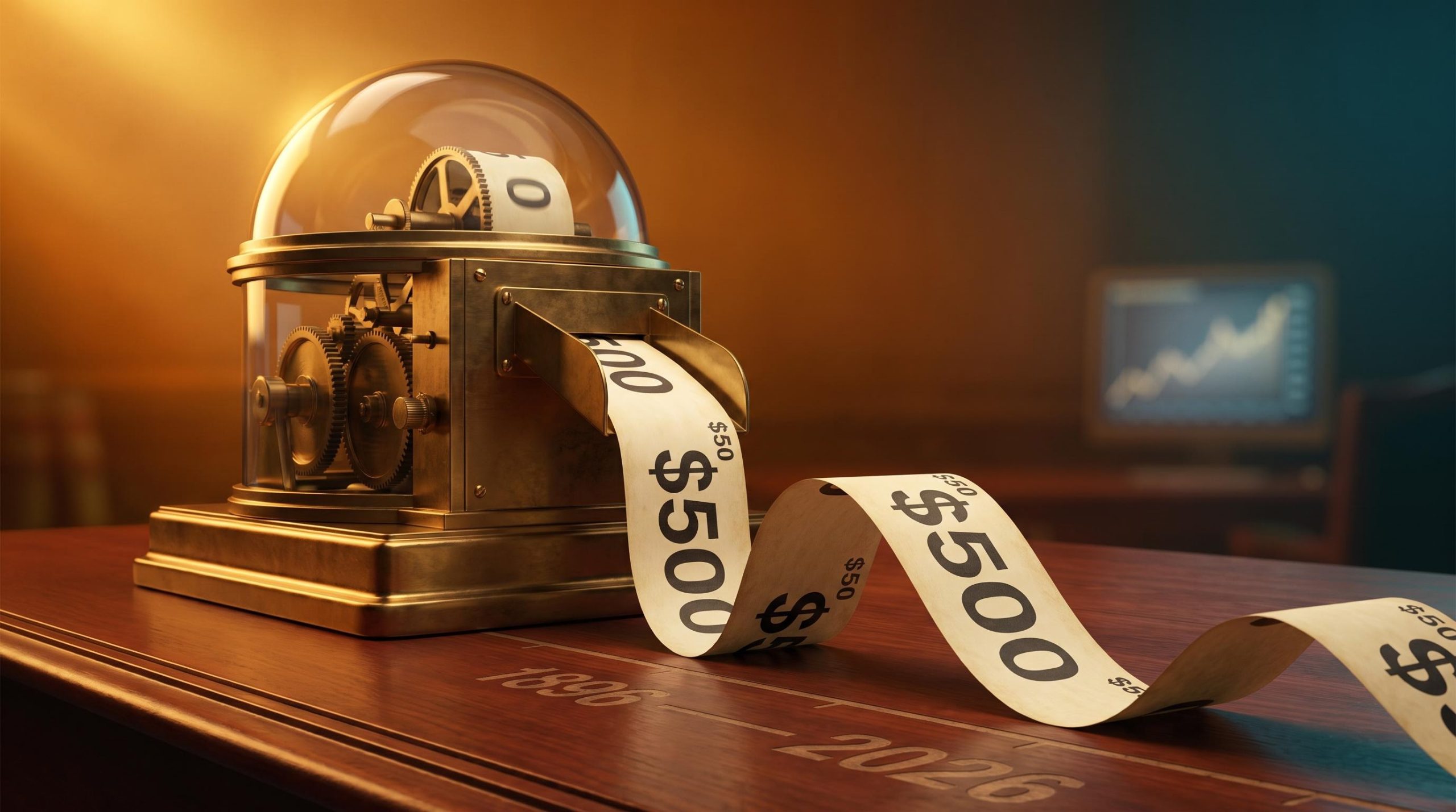 Antique ticker-tape machine with price-weighted tape showing $500 vs $50, illustrating the Dow Jones Industrial Average methodology
