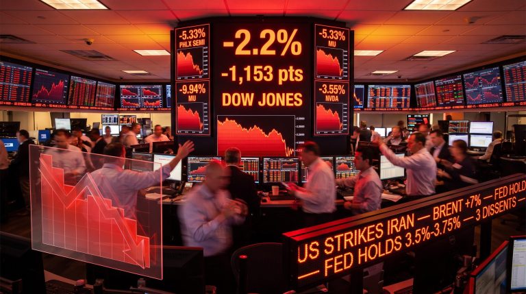 Dow Jones drops 1,153 points on 29 July as semiconductor rout, Fed dissents, and US-Iran strikes trigger market sell-off