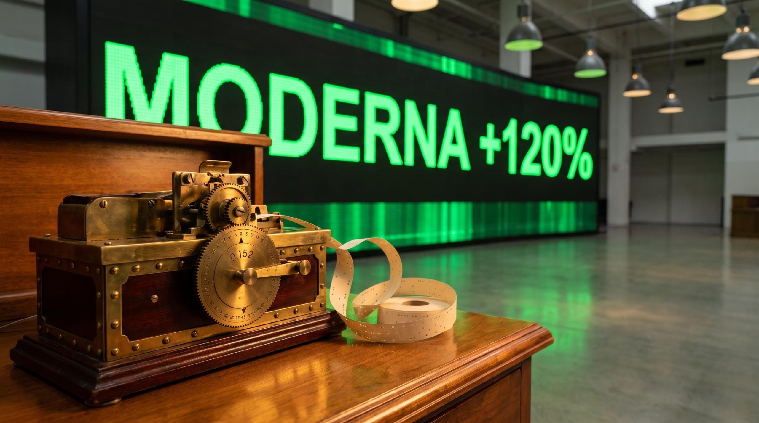 Vintage ticker tape machine with Dow divisor wheel beside a trading screen showing Moderna's 120% surge it couldn't measure