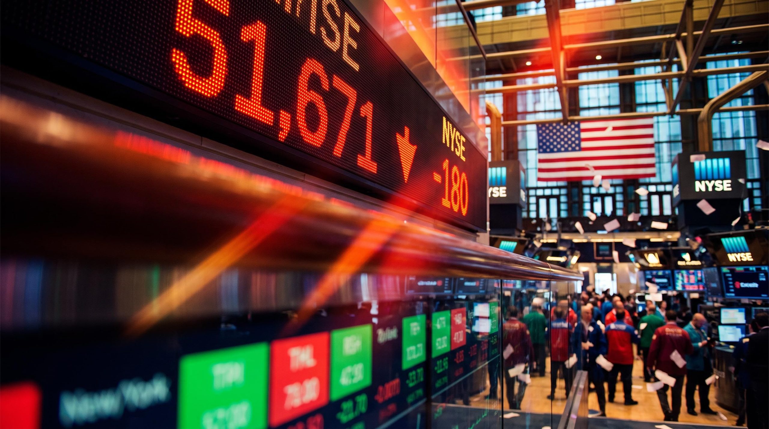 Stock exchange ticker showing Dow Jones today at 51,671, down 180 points after a faded bank earnings rally
