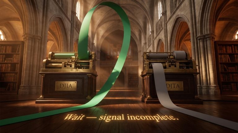 Two ticker-tape machines representing DJIA and DJTA with diverging ribbons illustrating Dow Theory's dual-index confirmation signal