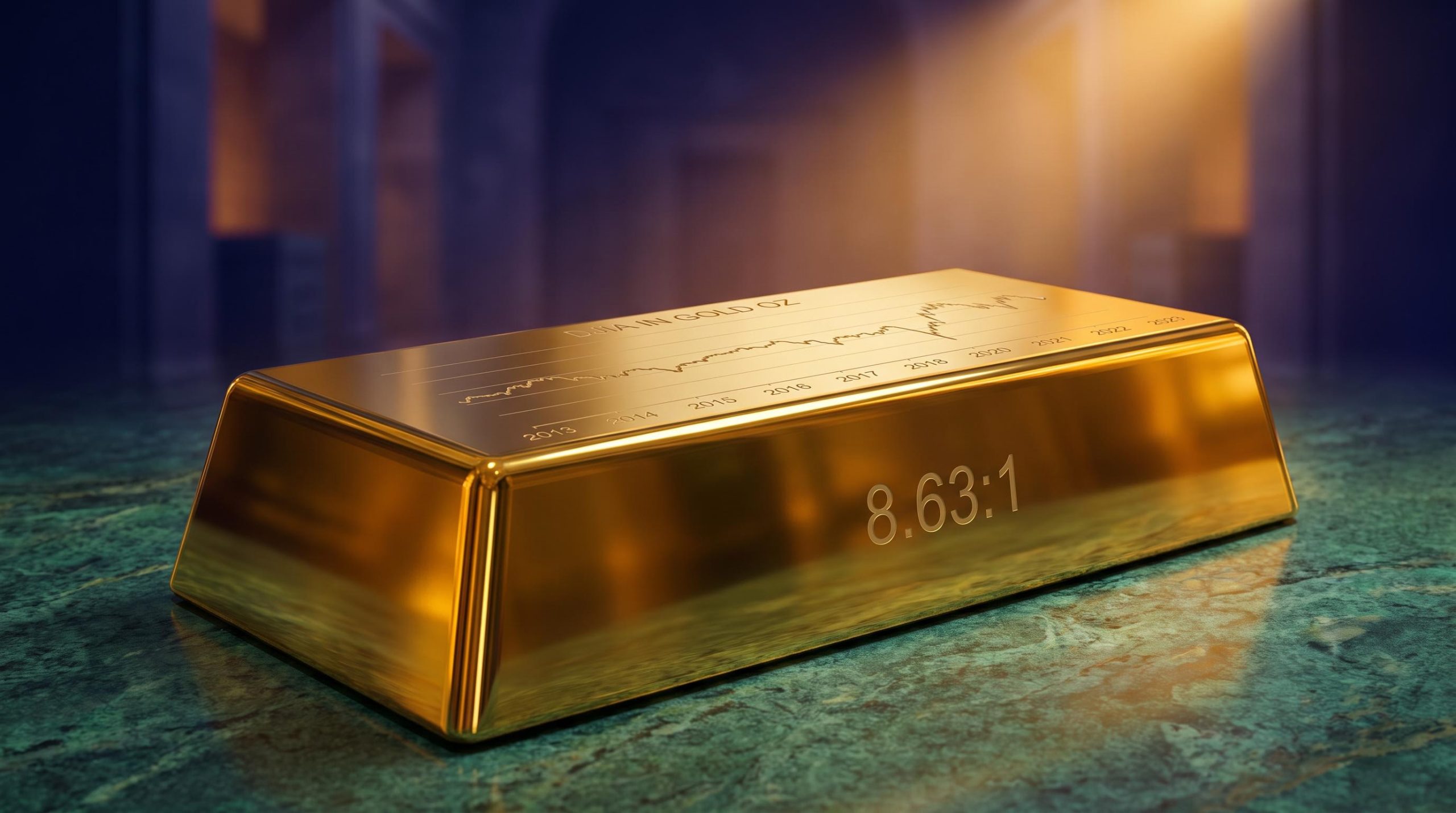 Gold bar reflecting stagnant Dow chart with Dow-to-gold ratio 8.63:1 etched into surface — portfolio systemic reset