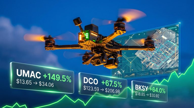 UMAC, DCO, and BKSY stock gains of 149.5%, 67.5%, and 64% shown on drone surveillance imagery panels